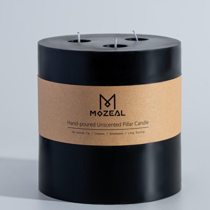 MOZEAL Extra Large 3 Wick Black Pillar Candle  6"" x 6""  Unscented  Dripless  Smokeless  and Clean-Burning. Approx. 120 Hours of Burn Time. Perfect for Weddings  Dinners  Halloween and Fall Decor - Image 1